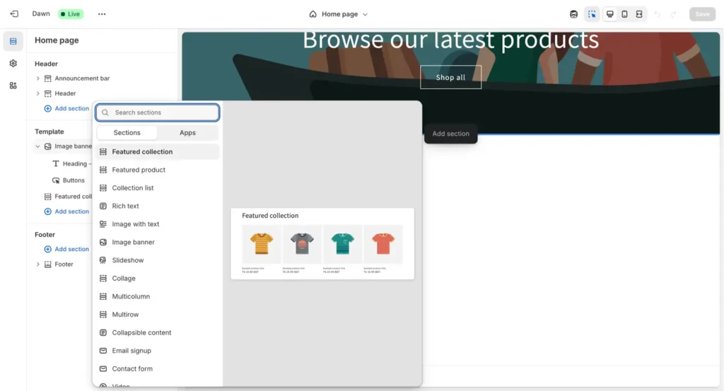 Shopify premade section for theme customization