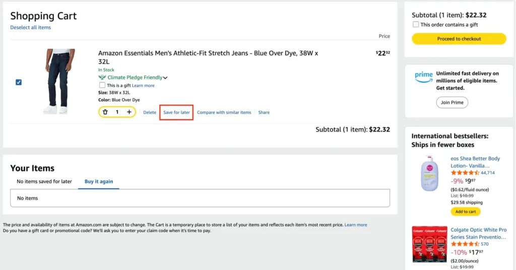 Amazon adds a Save For Later option to their checkout page to reduce cart abandonment