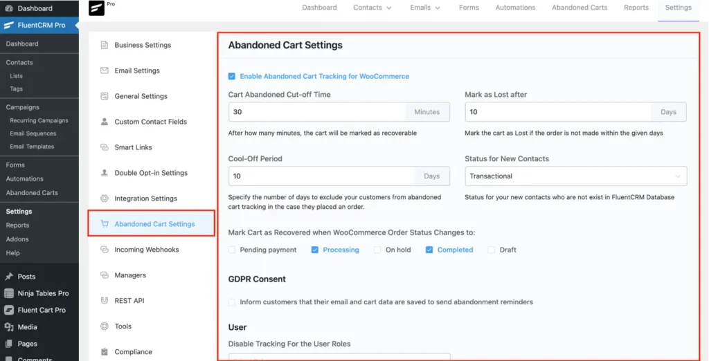 FluentCRM Abandoned Cart Setting to reduce cart abandonment