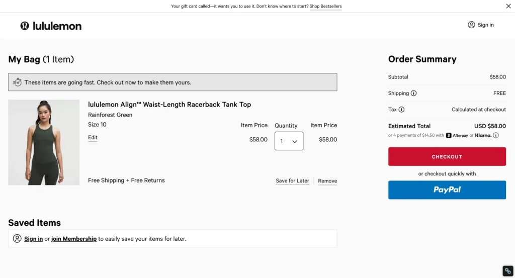Lululemon's cart shows a complete product description