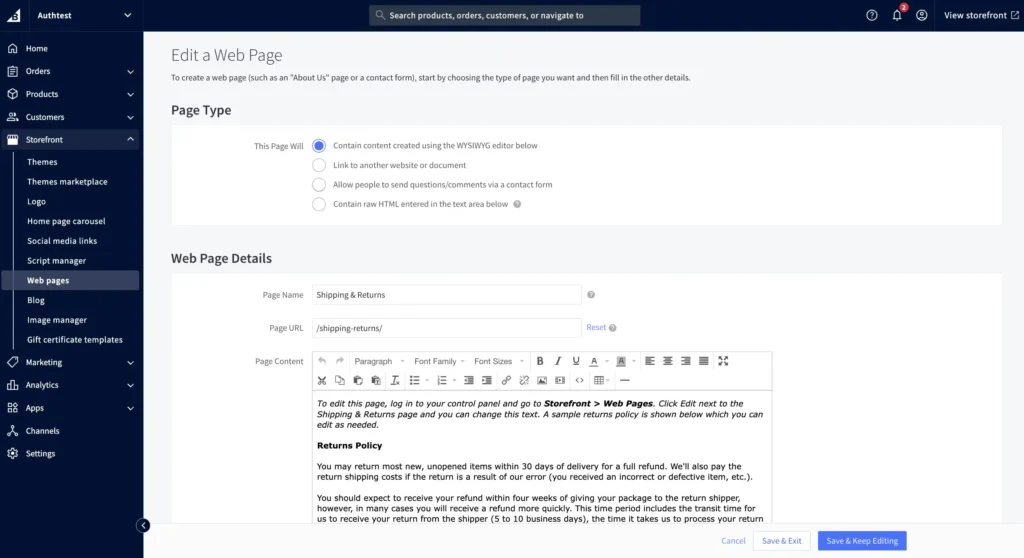 BigCommerce Store Customization edit webpage