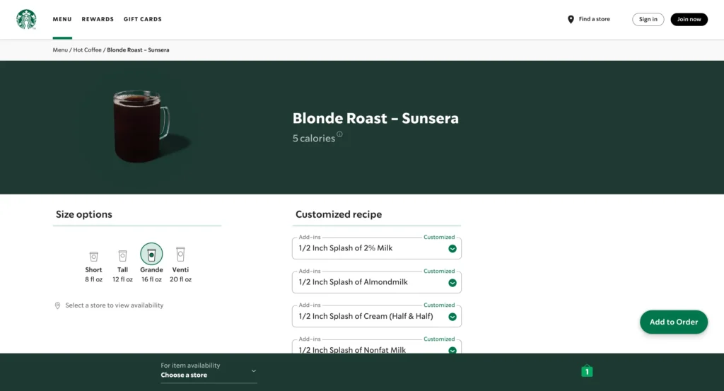 Starbucks – Size Upgrades & Add-Ons