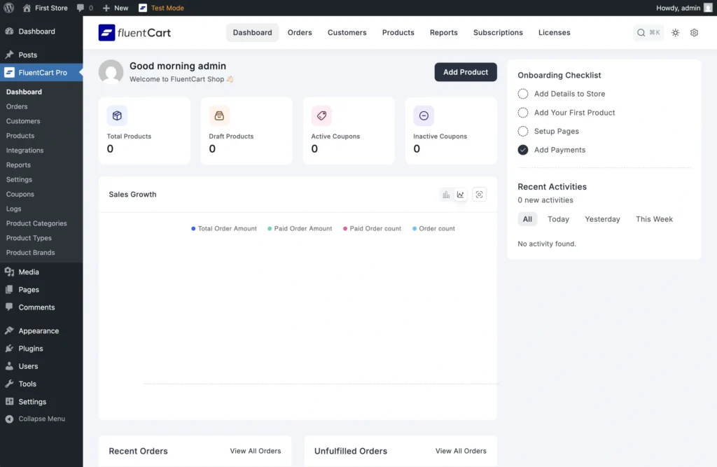 Fresh FluentCart Dashboard
