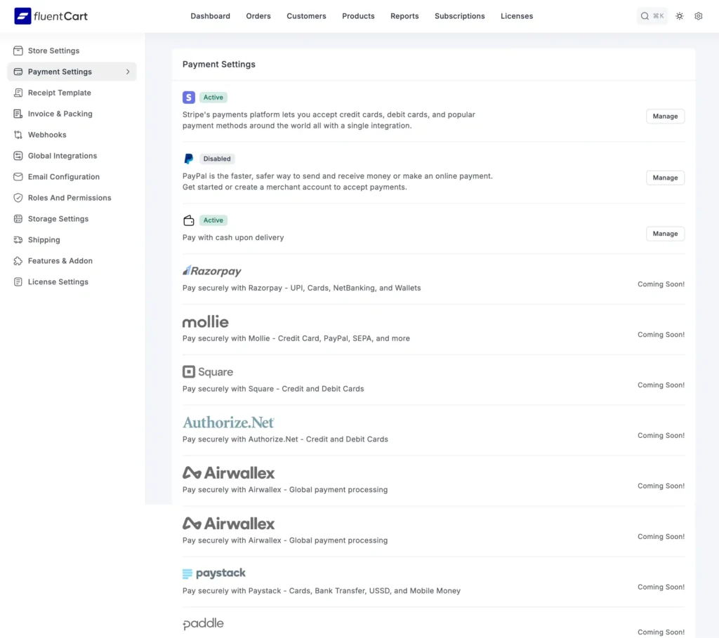 Payment Settings FluentCart