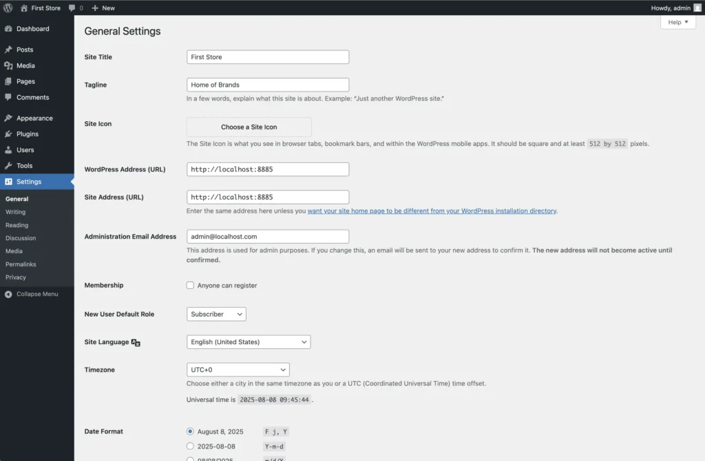 site information on WordPress
