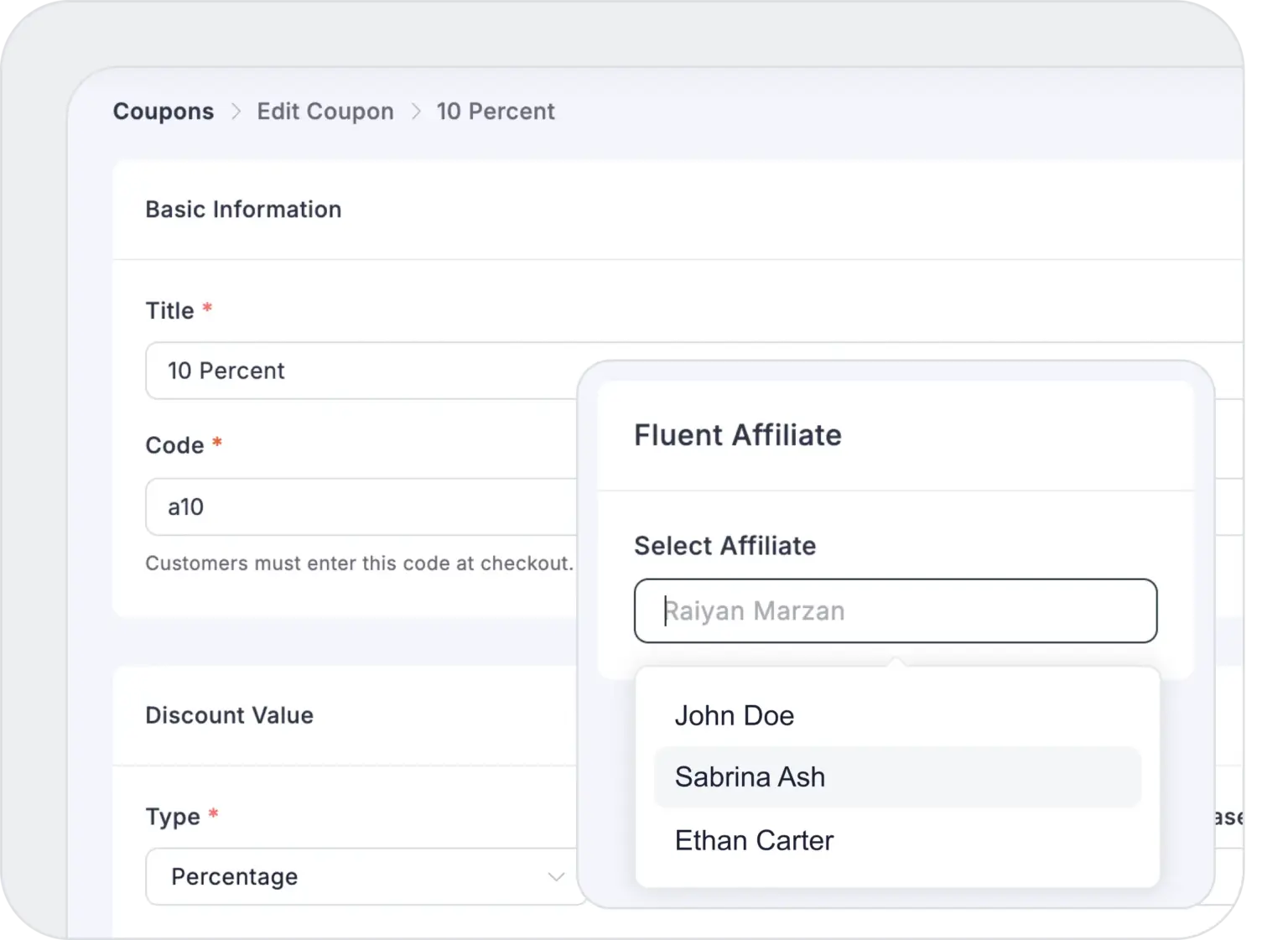 FluentCart coupon assigned to an affiliate