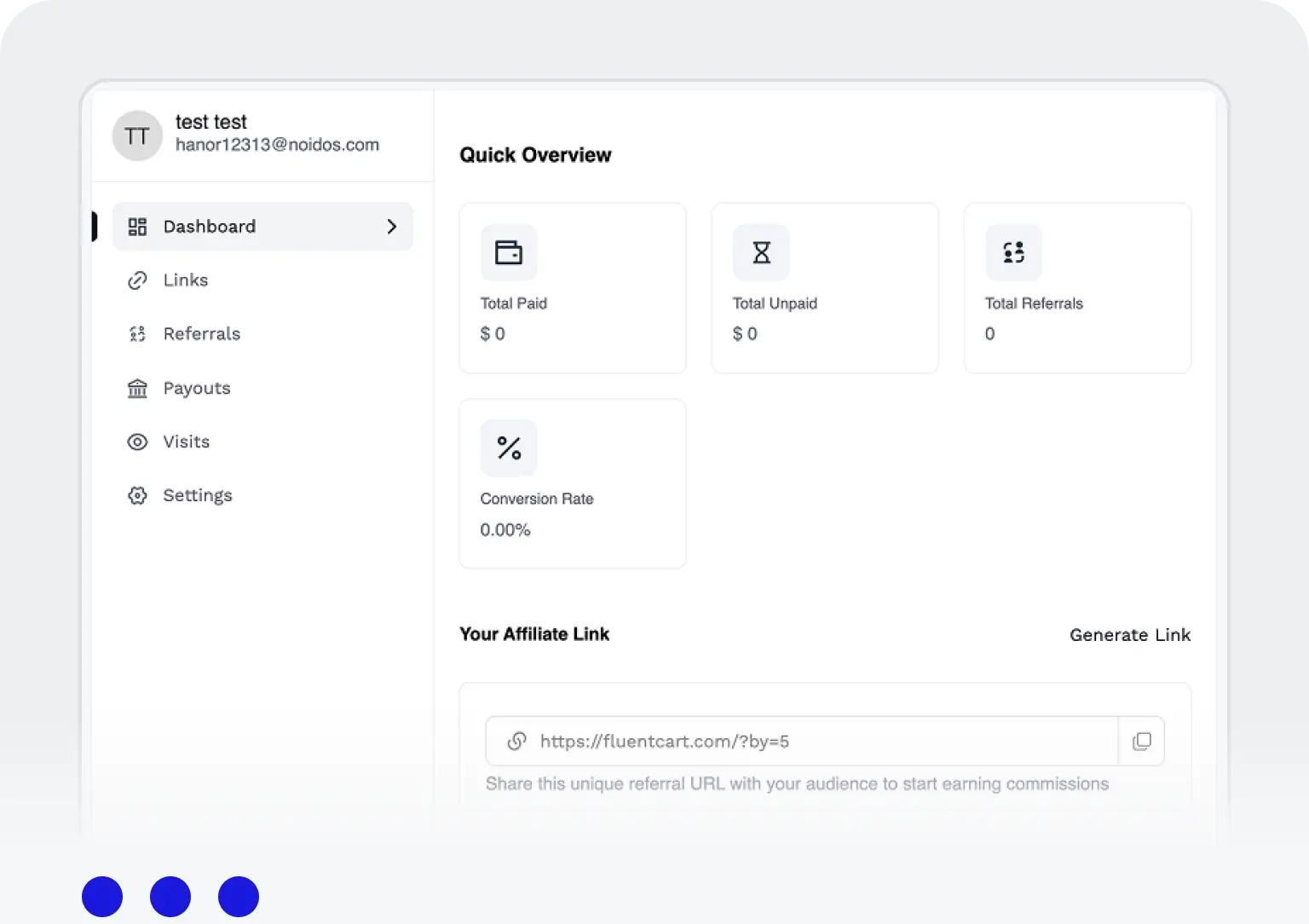 FluentCart affiliate program Dashboard