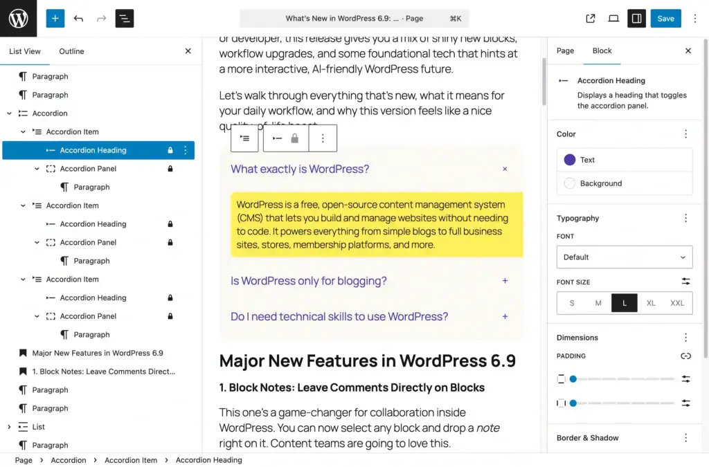 WordPress 6.9 - Accordion Block