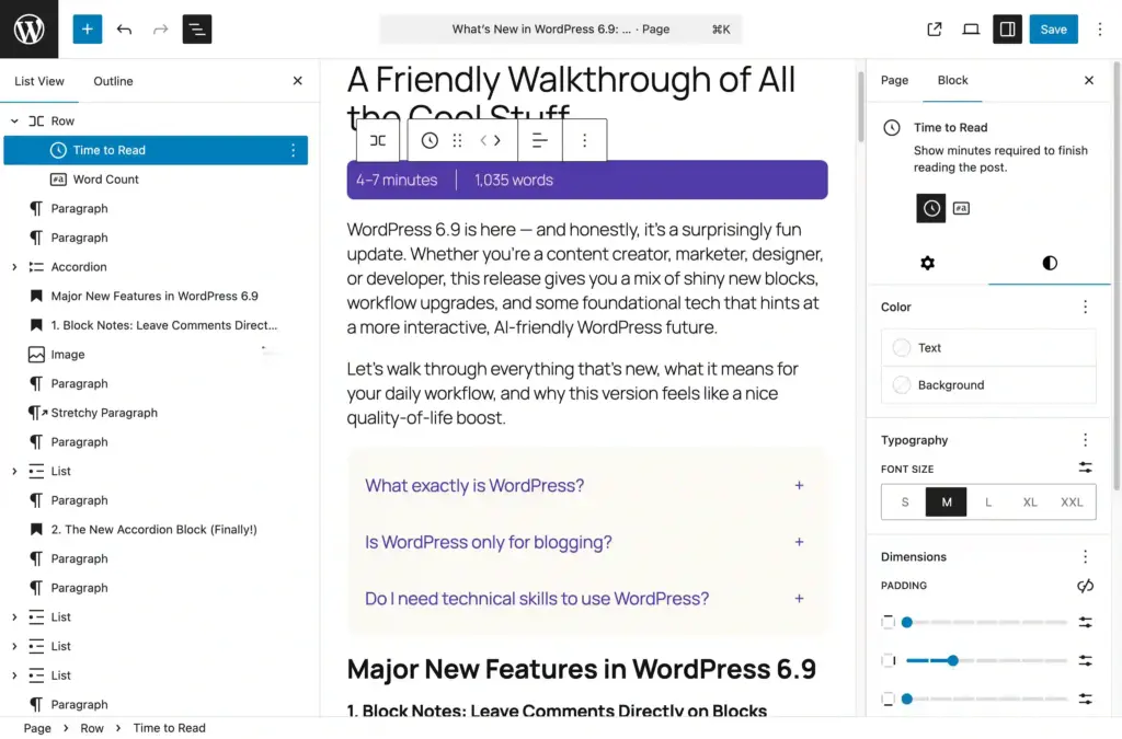 WordPress 6.9 - Word Count and Read Time Blocks