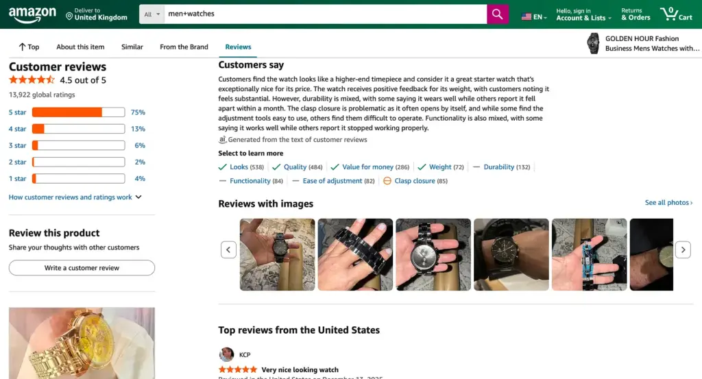 Amazon Product Page- Reviews and testimonials showing credibility