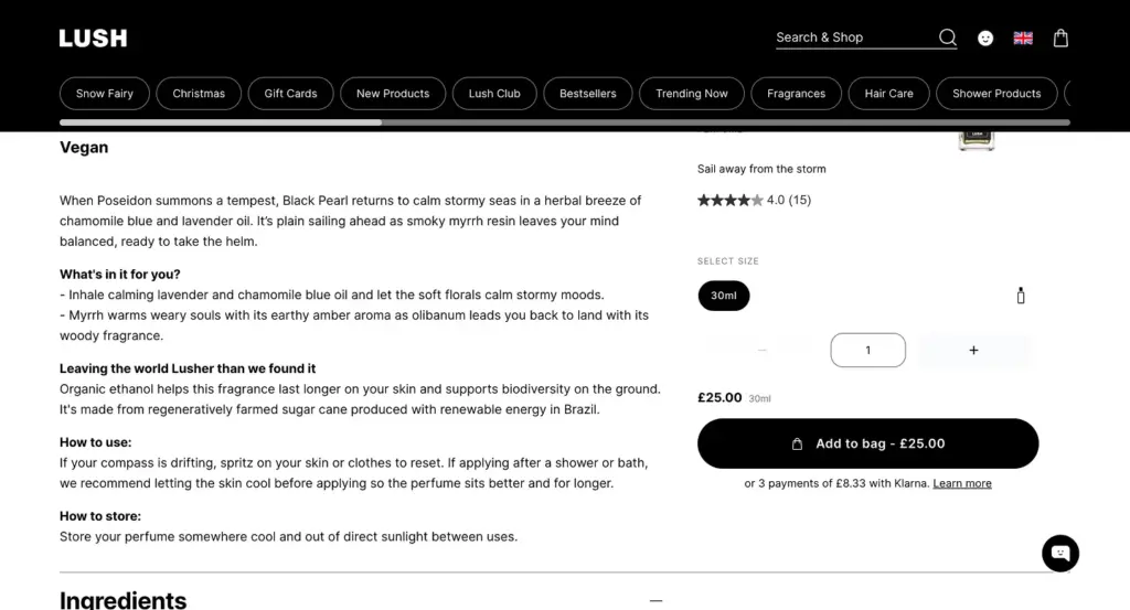 Lush Product Page- Product description as storytelling
