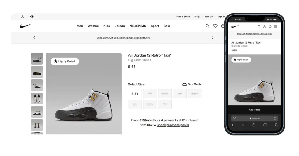 Nike Product page Mobile Responsiveness