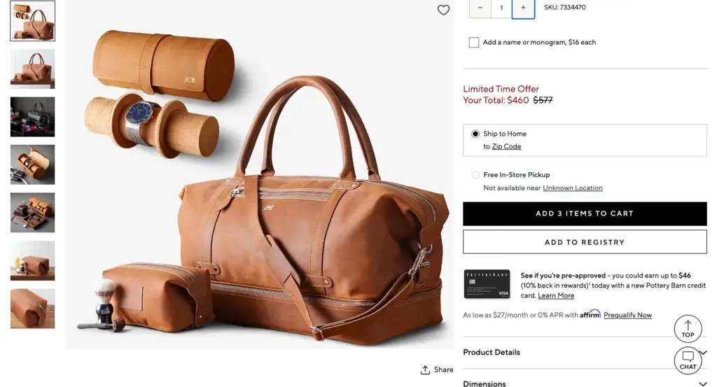 Pottery Barn product page includes detailed shipping and return info in expandable sections