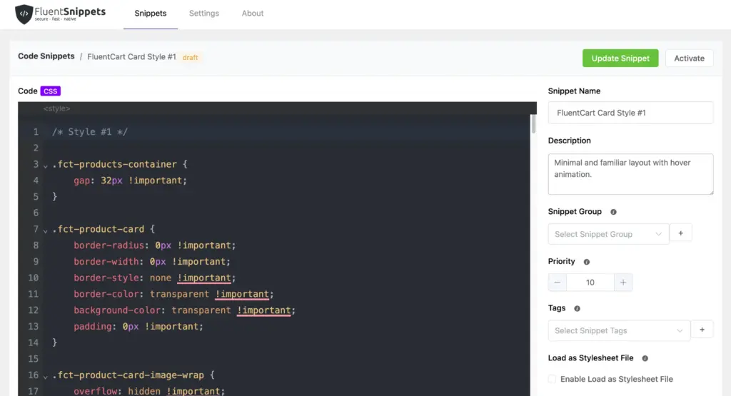 Custom CSS in FlunetSnippets
