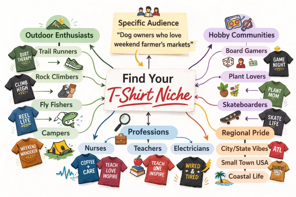 Niche breakdown mind map, how to start a tshirt business, types of tshirt niche