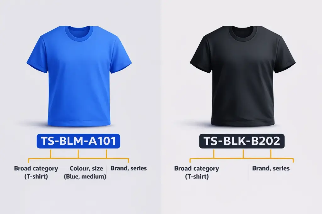 T-shirts with SKU codes and labels, SKU meaning, what is sku, stock keeping unit