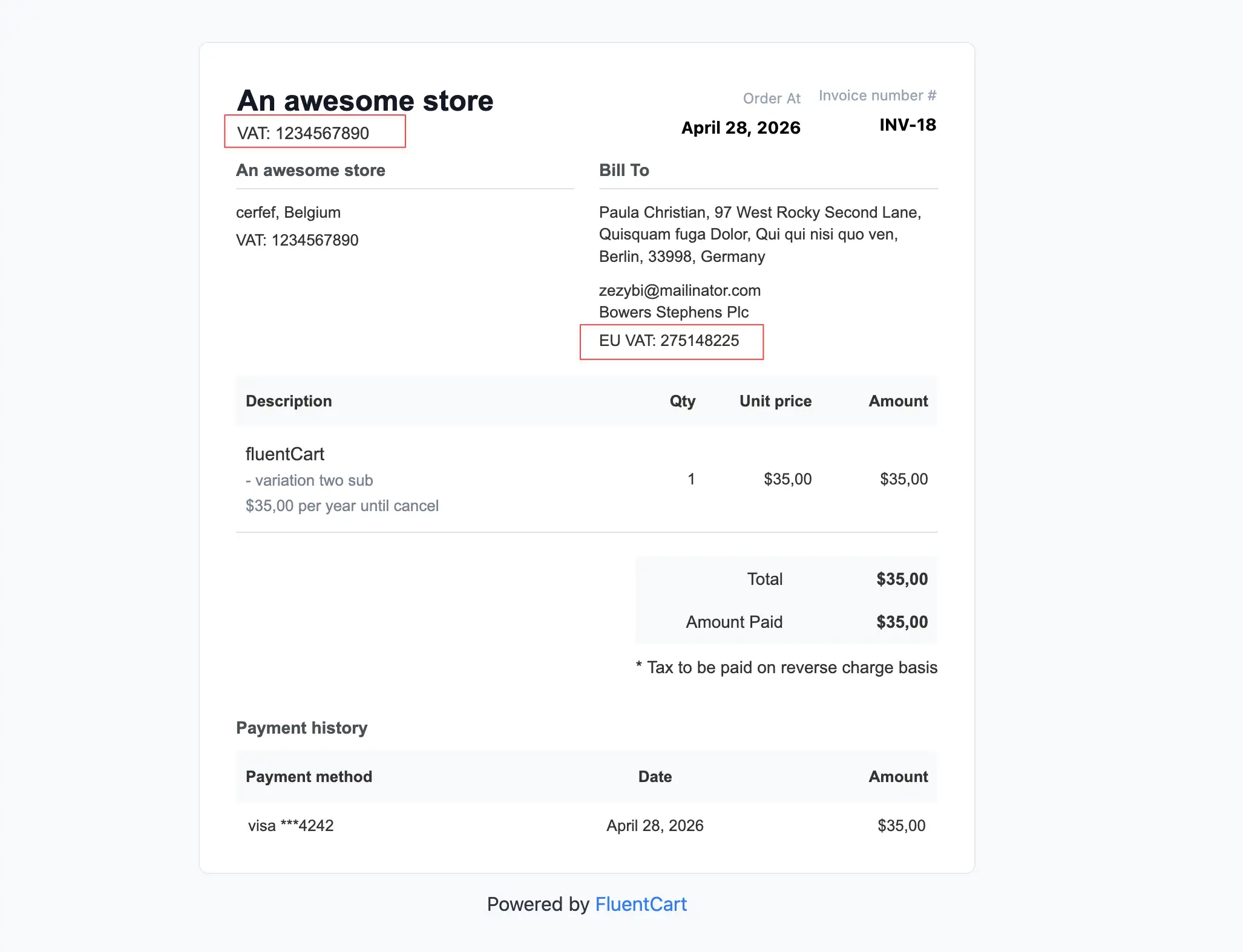  FluentCart PDF receipt showing seller VAT and customer VAT number in Bill To address block