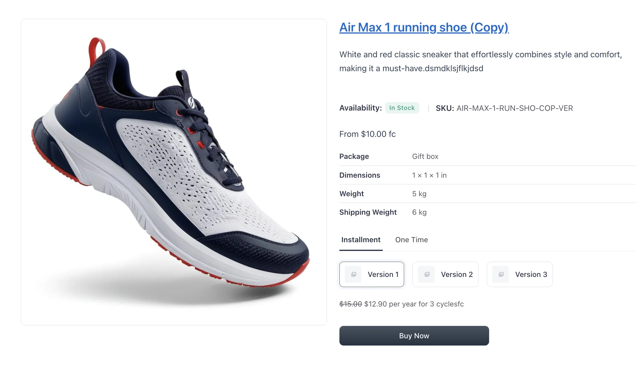 Product page showing FluentCart’s Package Description block with package name, dimensions, product weight, and shipping weight displayed alongside a shoe product.