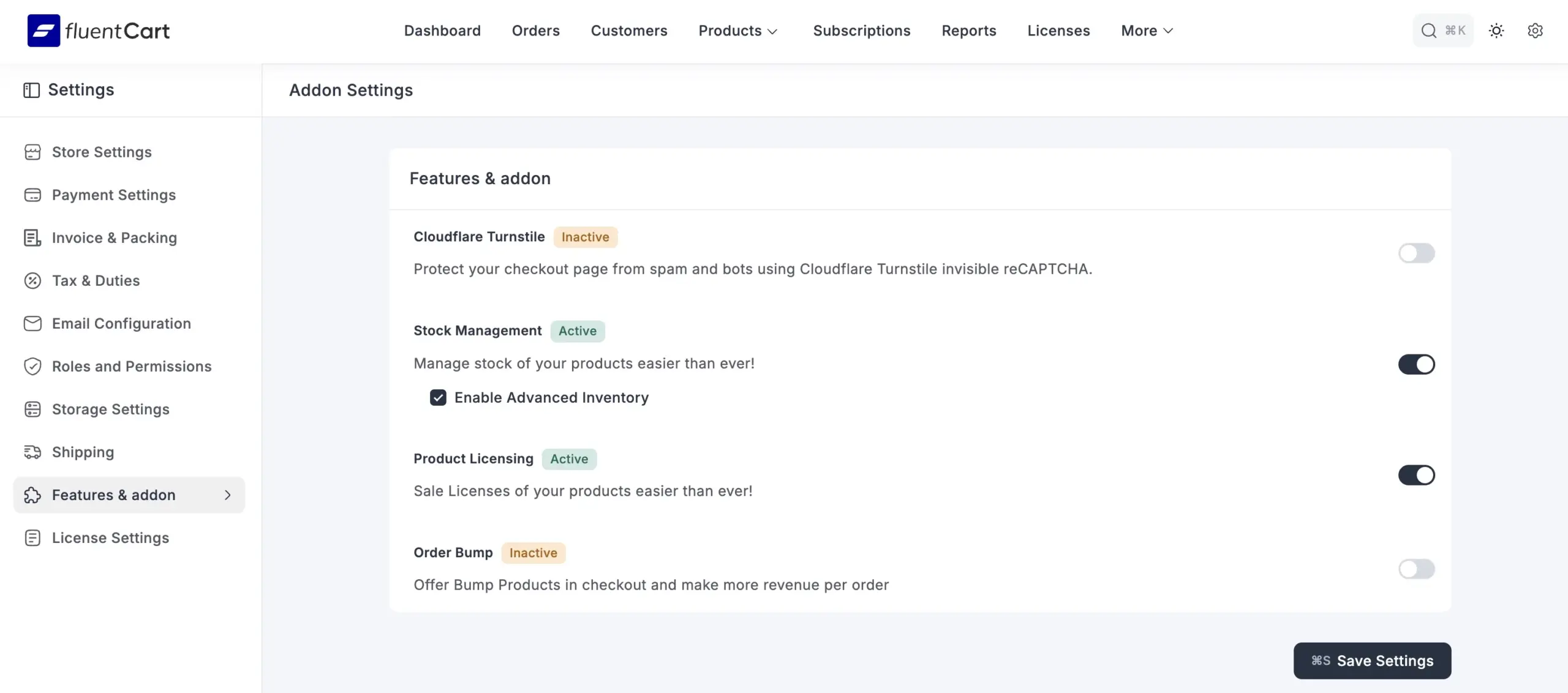 FluentCart Features & addon settings screen showing Stock Management enabled and the Enable Advanced Inventory option selected.