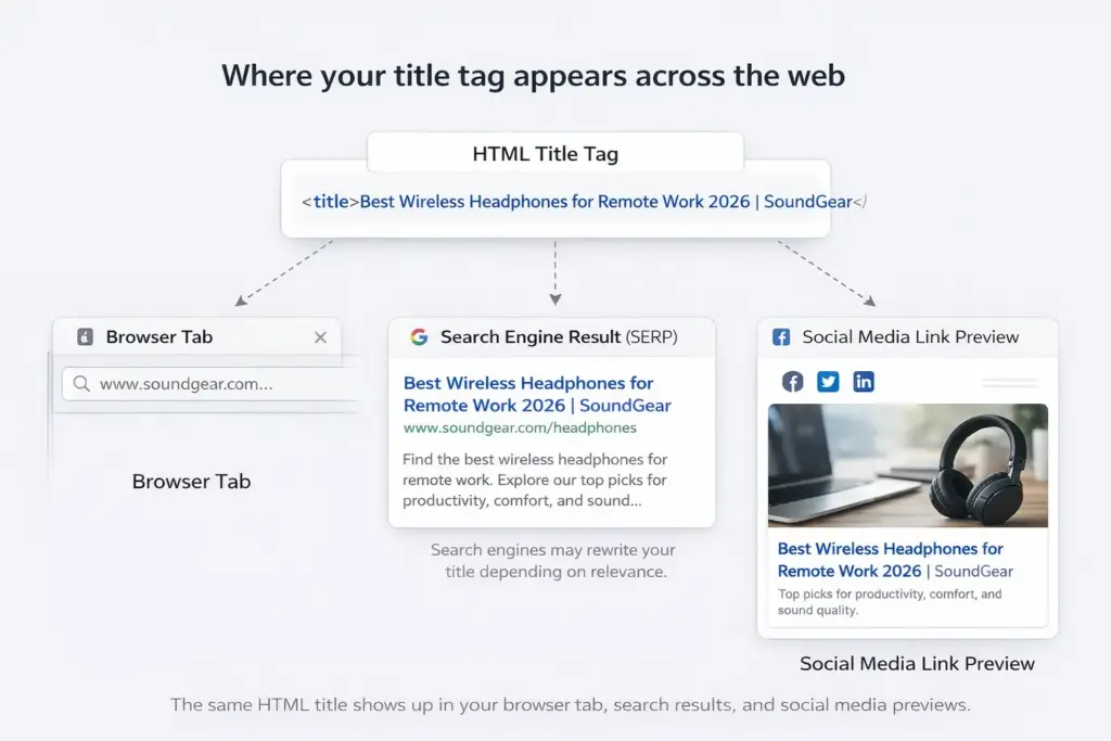 FluentCart blog title tag example, browser tab SERP social preview, SEO title tag placement, website title in search results, title tag usage screenshot