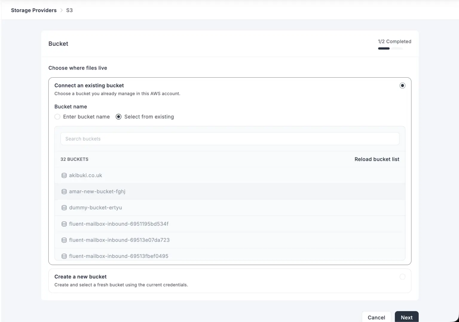 FluentCart Amazon S3 bucket management screen for browsing, selecting, and creating buckets inside WordPress
