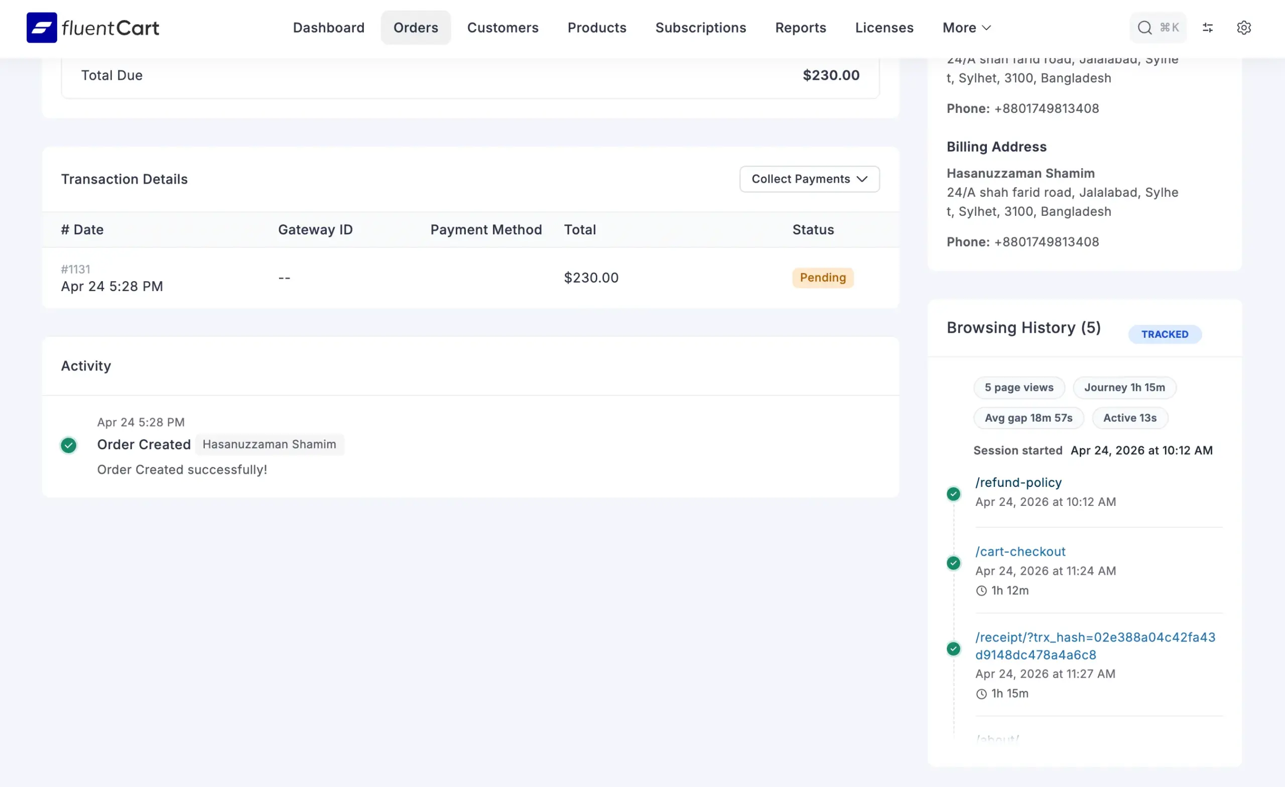 FluentCart Page Browsing History widget showing a customer's browsing trail on the order page, with 5 tracked page views, session duration of 1h 15m, and a timeline of visited pages including about-company/cart, refund-policy, and receipt page with dwell times