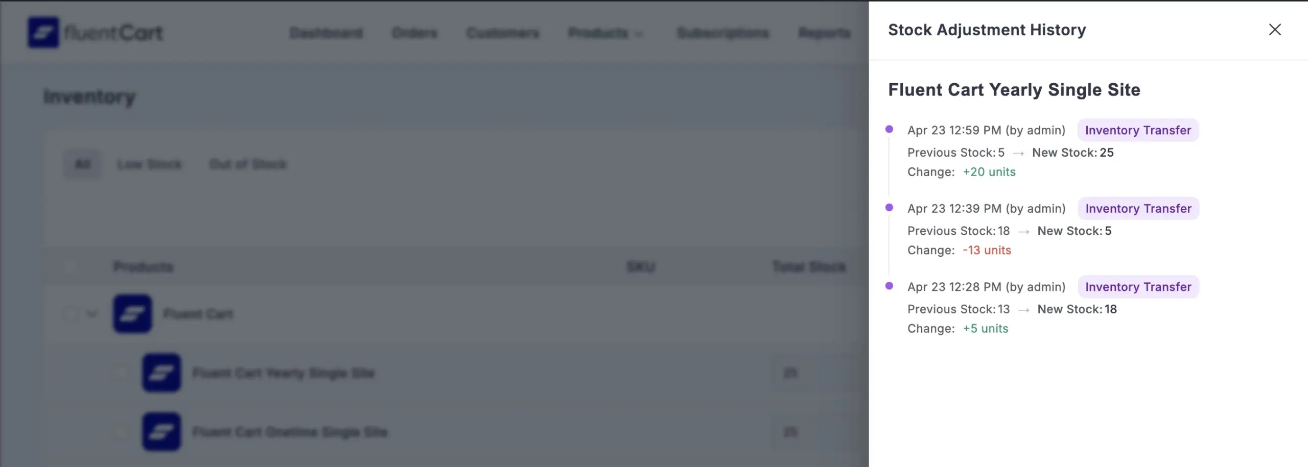 FluentCart Pro inventory screen showing stock adjustment history with previous stock, new stock, change amount, timestamp, and adjustment reason for a product.