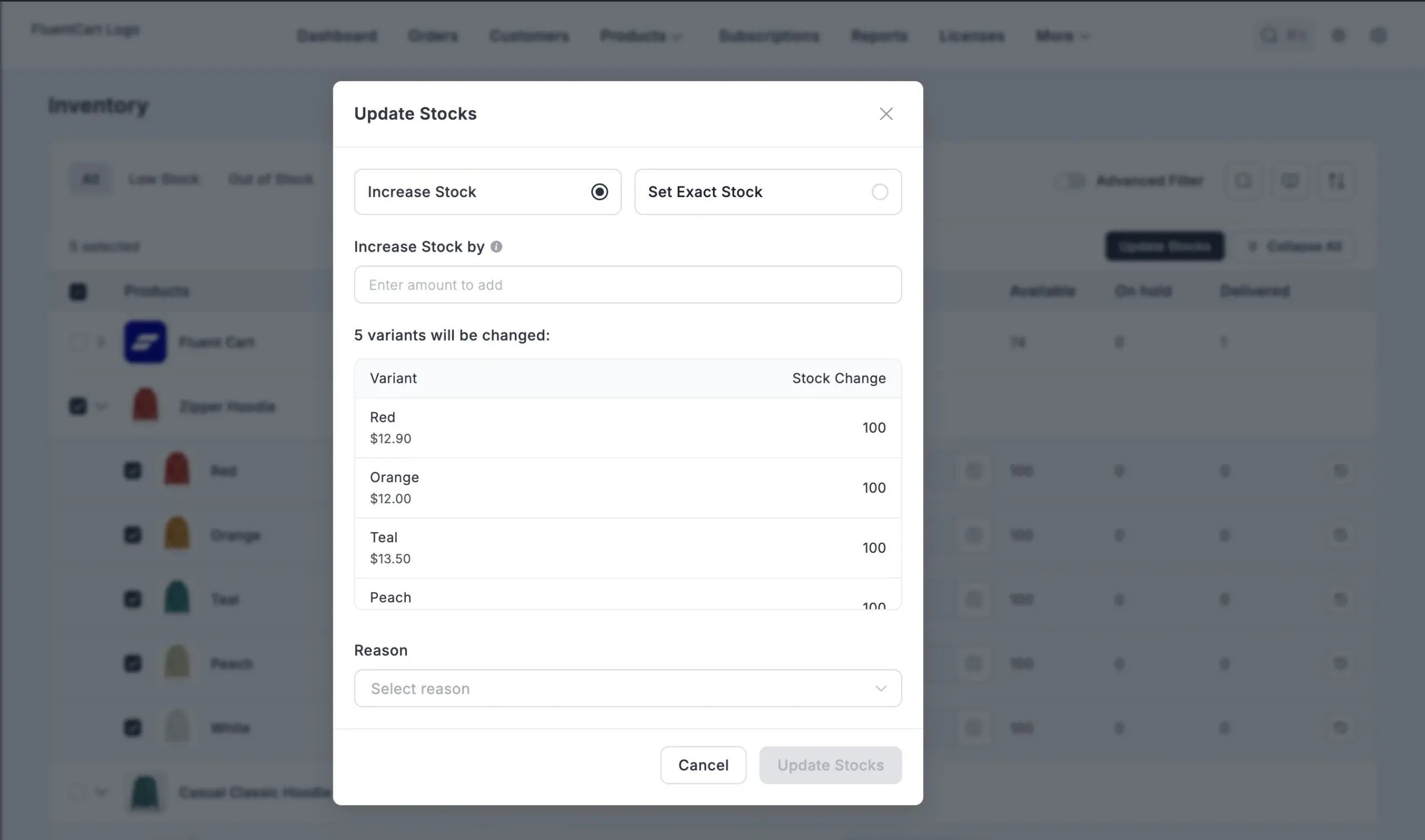 FluentCart Pro Advanced Inventory screen showing a bulk stock update modal for product variants with inventory adjustment options and reason tracking.