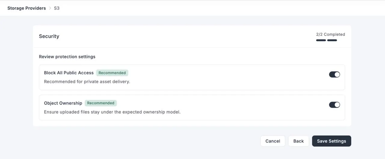 FluentCart Amazon S3 security settings showing Block Public Access controls during bucket setup
