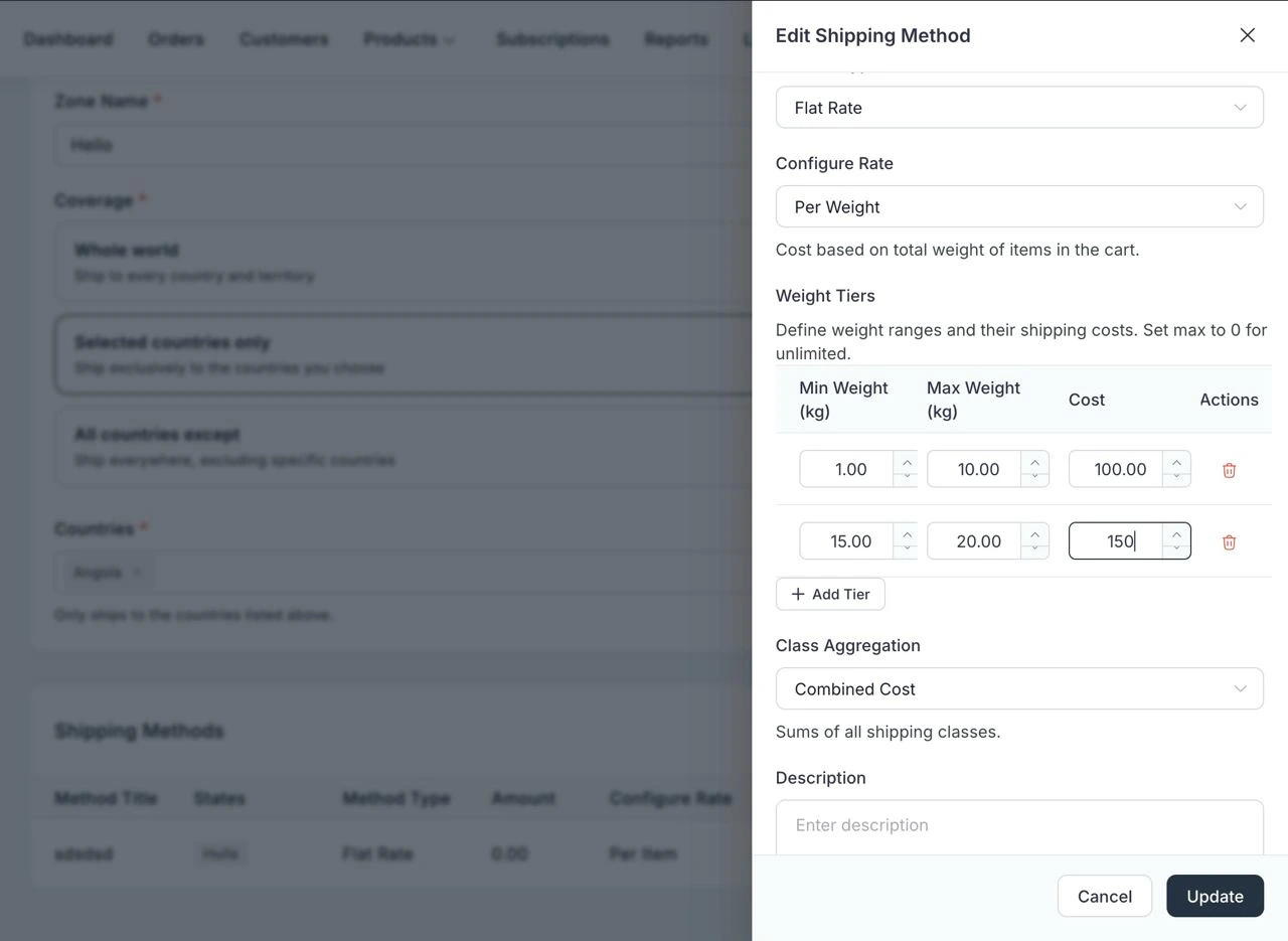 Shipping method editor showing flexible weight tiers with non-contiguous ranges and inline validation for min, max, and cost settings.