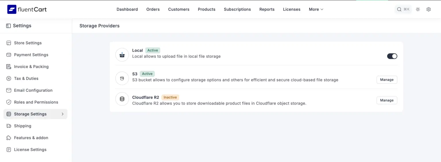 FluentCart storage management dashboard showing S3 and Cloudflare R2 providers with file management tools