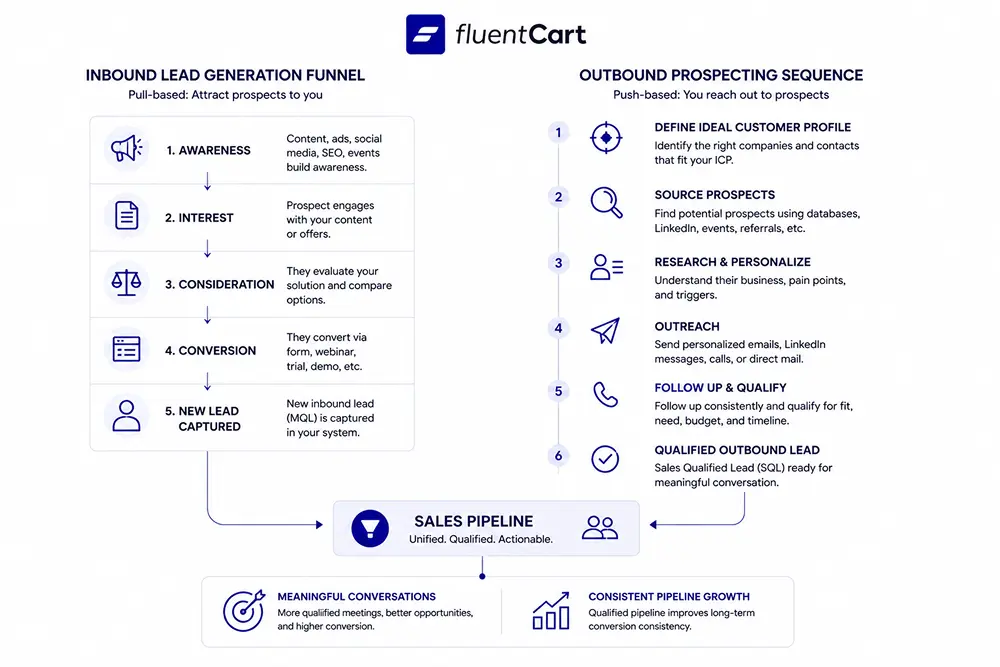 Inbound Lead Generation Funnel vs Outbound Prospecting Sequence, what is prospecting, FluentCart Blog