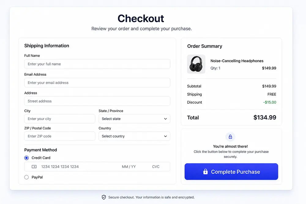clean single-page checkout layout with one prominent CTA, FluentCart Blog
