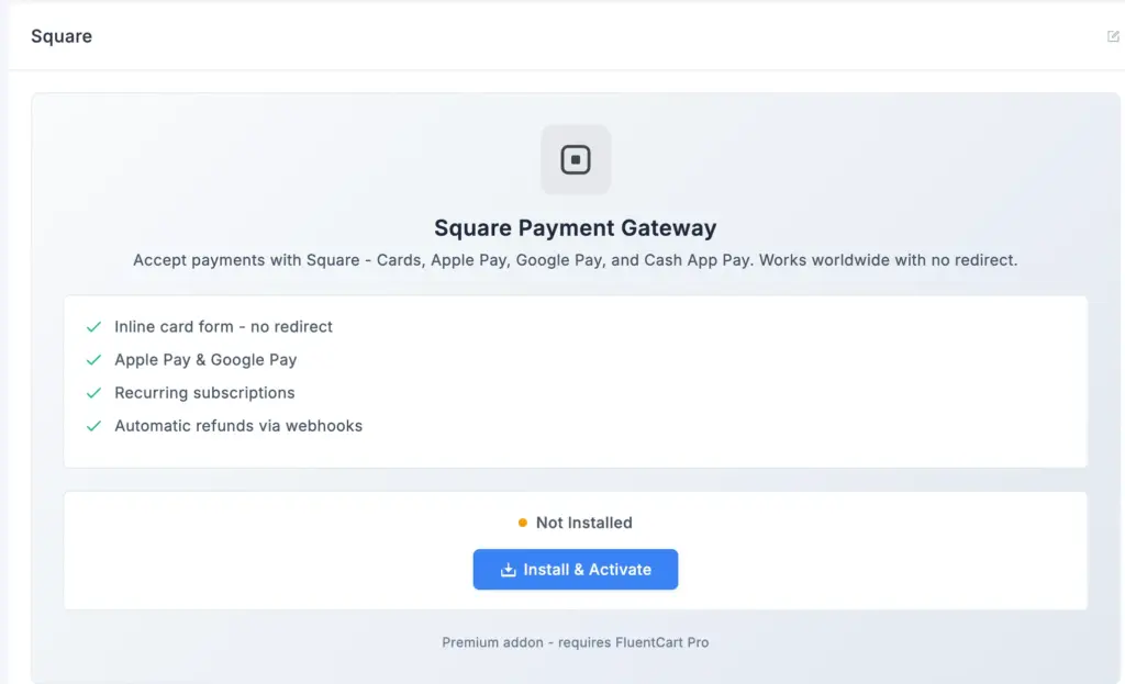 FluentCart Square payment gateway installation page showing Install & activate button