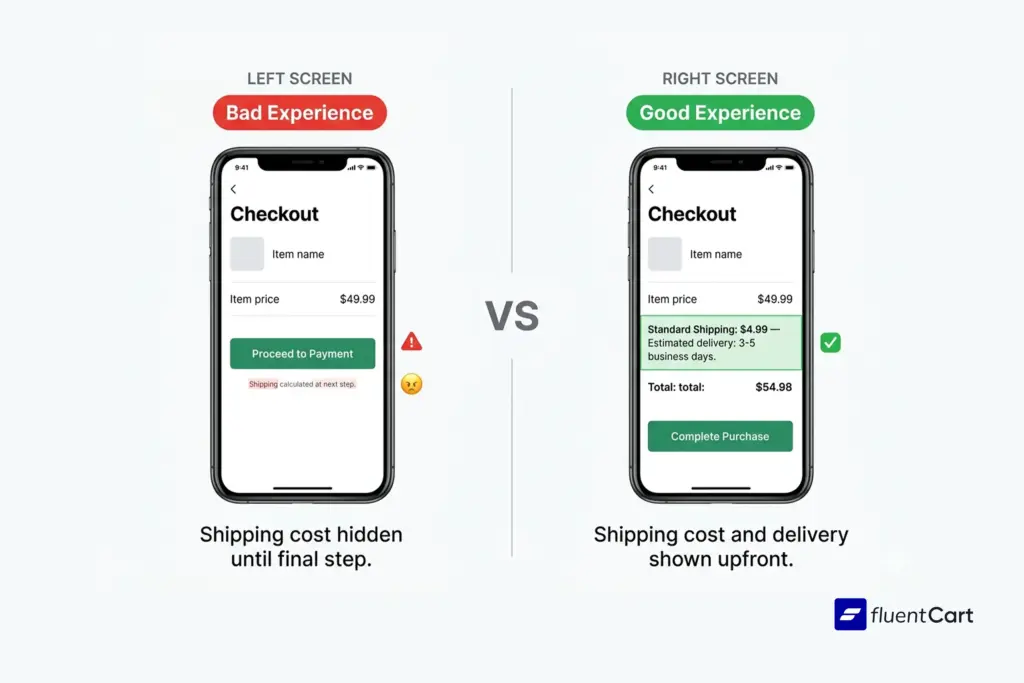 FluentCart Checkout page showing shipping cost revealed upfront vs. late
