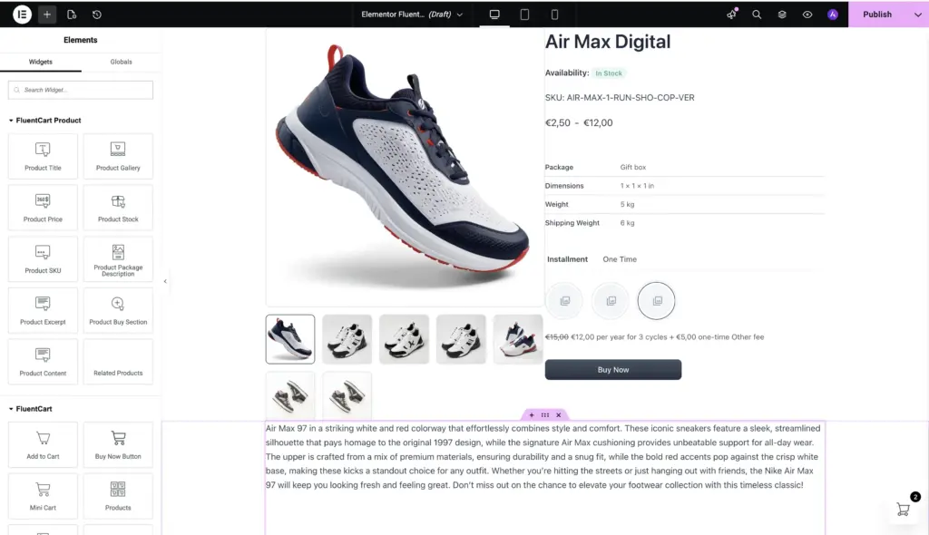 Product info along with package description edit by elementor 