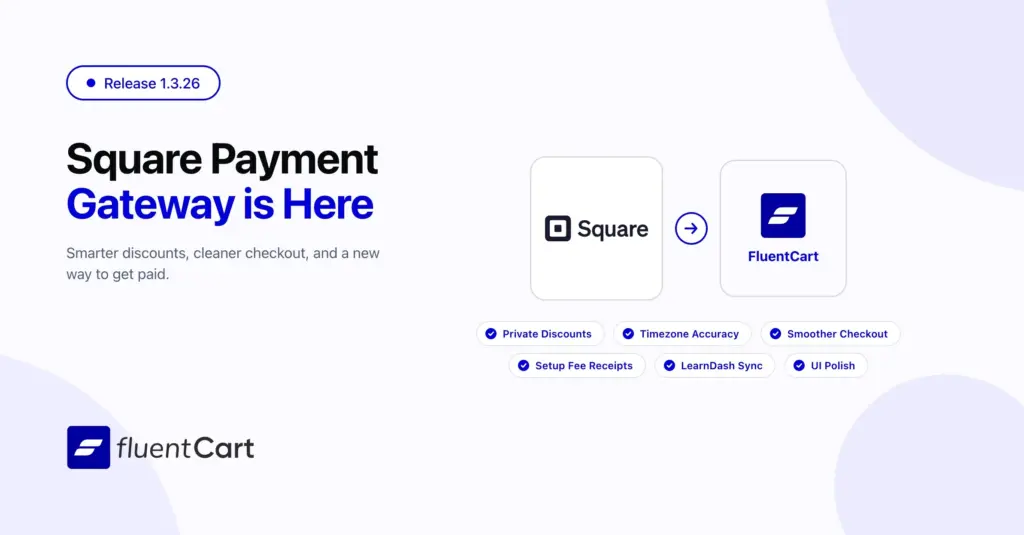 FluentCart 1.3.26 release image showing Square payment gateway integration with FluentCart, featuring one-time payments, subscriptions, refunds, private discounts, and checkout improvements
