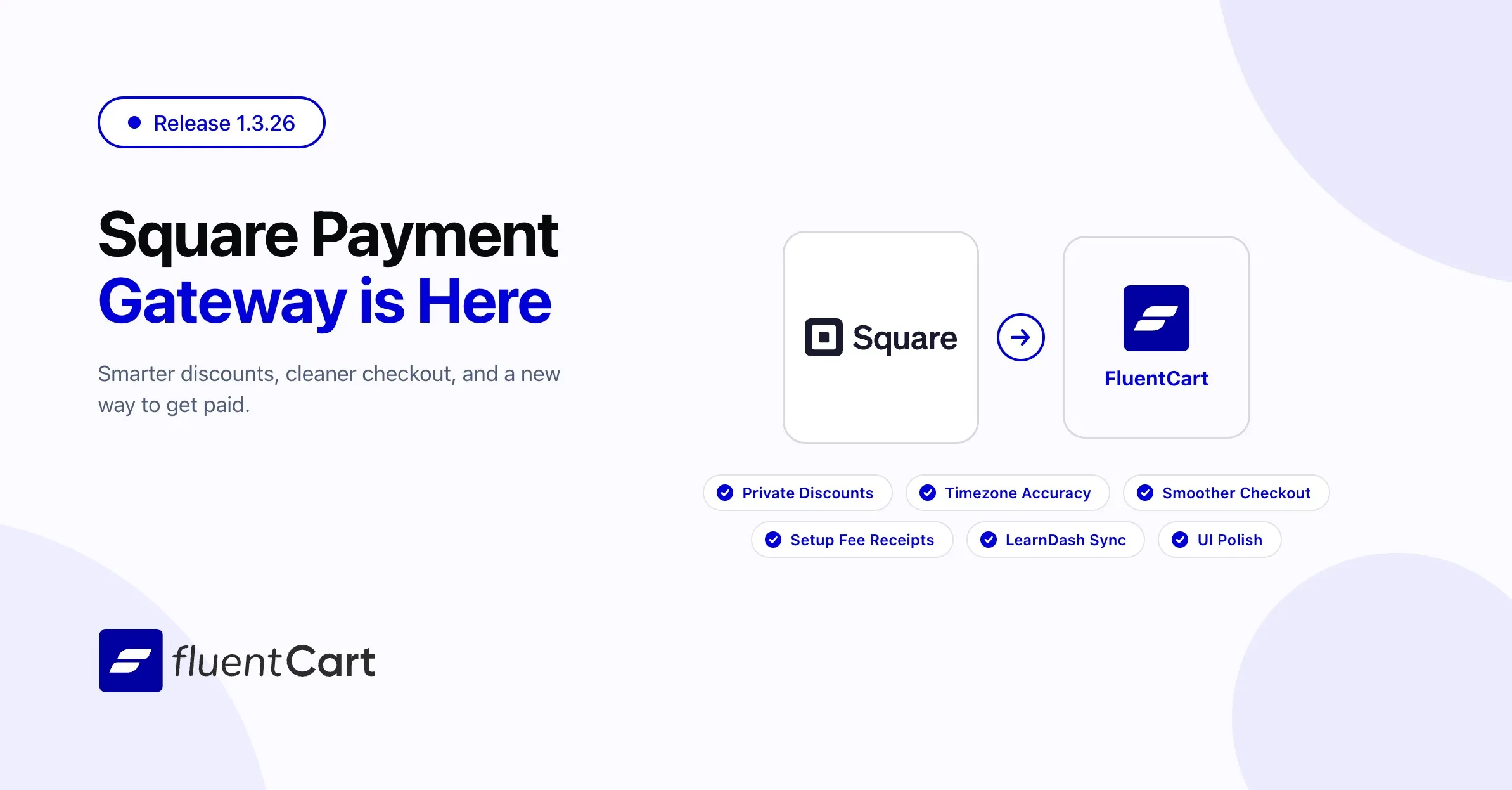 FluentCart 1.3.26 release image showing Square payment gateway integration with FluentCart, featuring one-time payments, subscriptions, refunds, private discounts, and checkout improvements