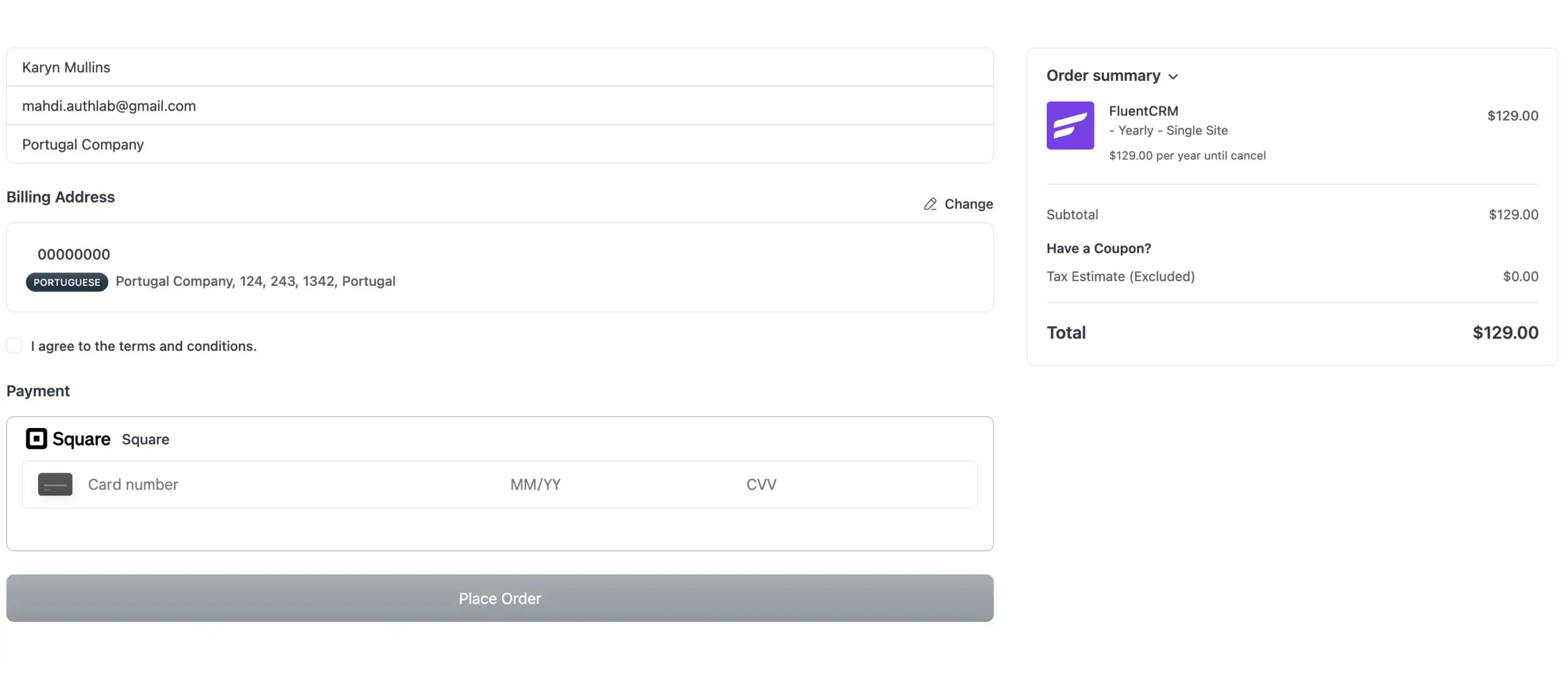 FluentCart checkout page with Square payment form showing card input fields