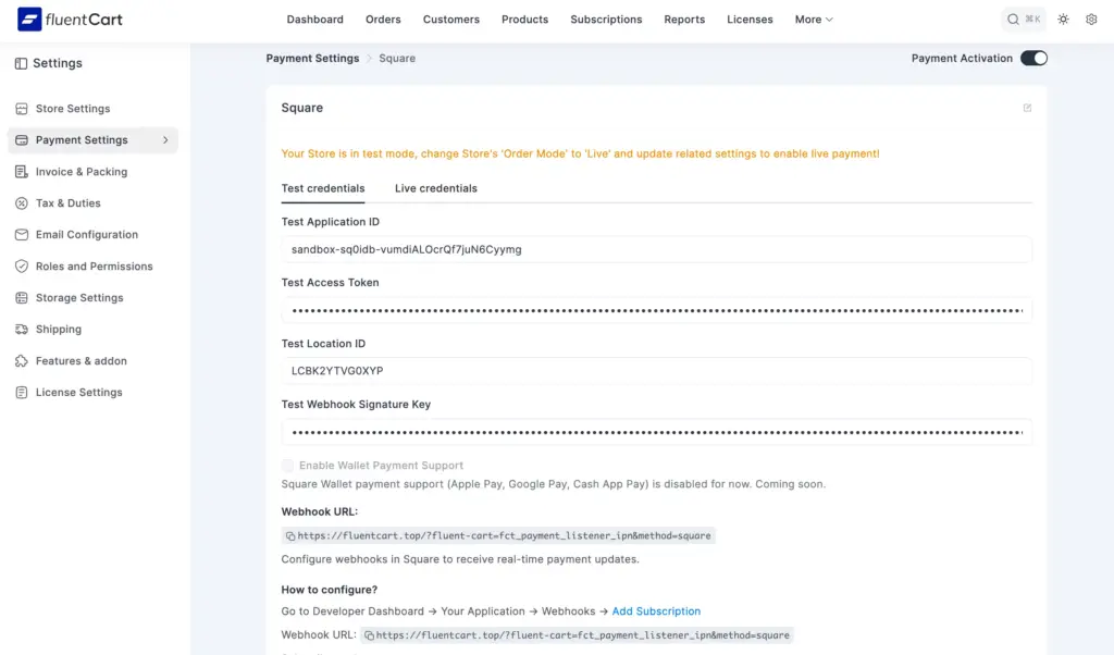 FluentCart Square payment gateway settings page showing Application ID, Access Token, and Location ID fields