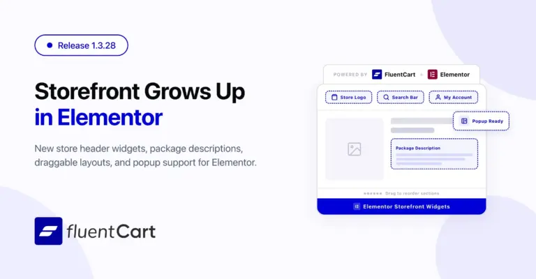 FluentCart 1.3.28 release featured image showing new Elementor storefront widgets including Store Logo, Search Bar, My Account, Package Description, and Popup support