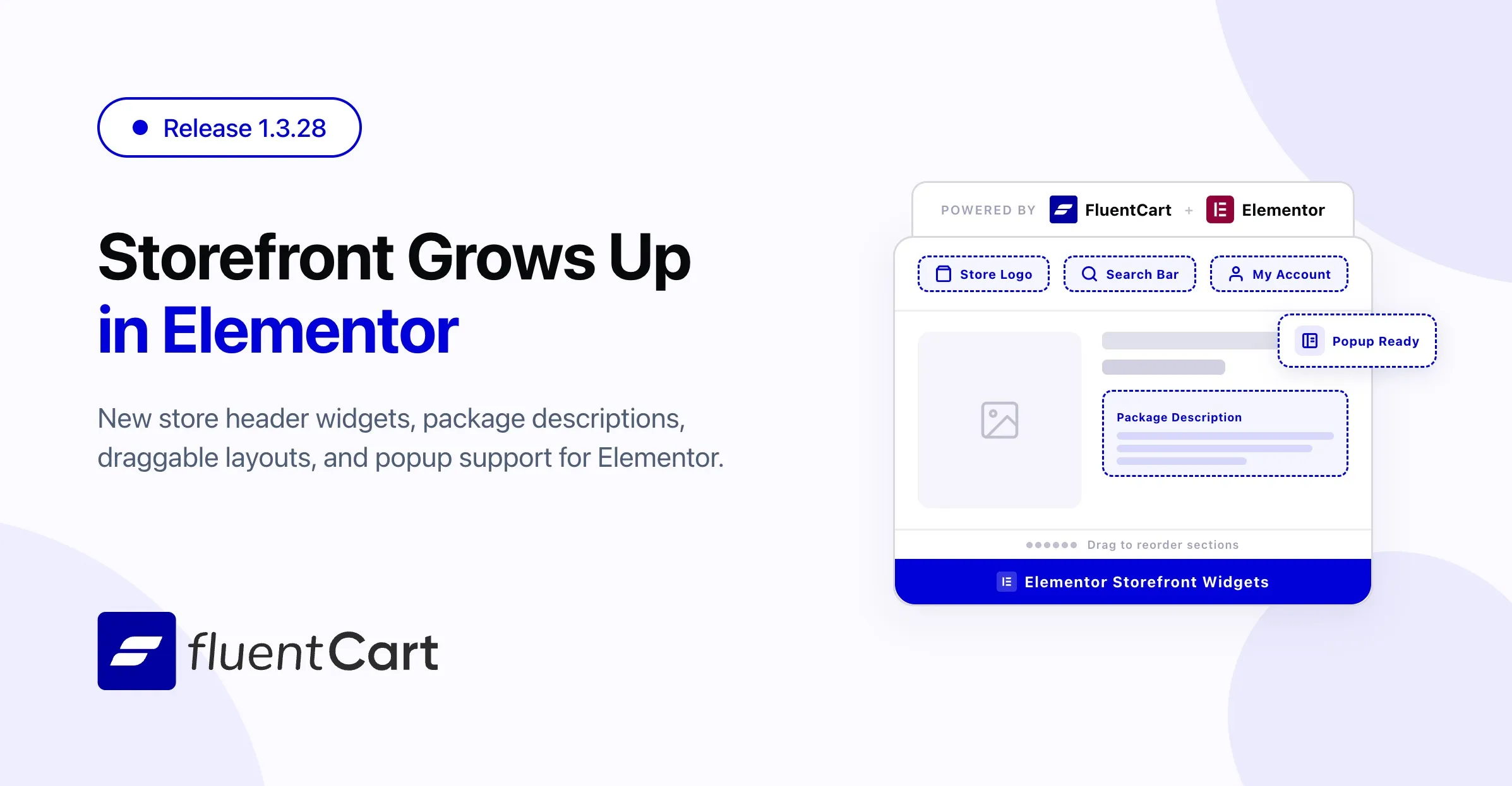 FluentCart 1.3.28 release featured image showing new Elementor storefront widgets including Store Logo, Search Bar, My Account, Package Description, and Popup support