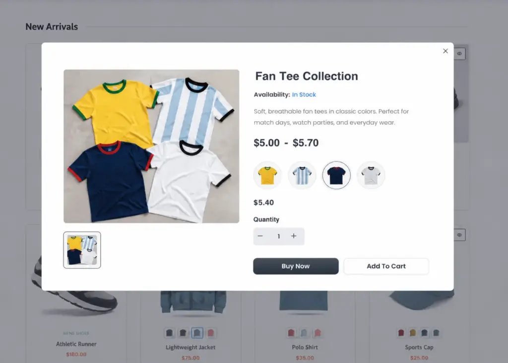 Fan tee collection product details, FluentCart