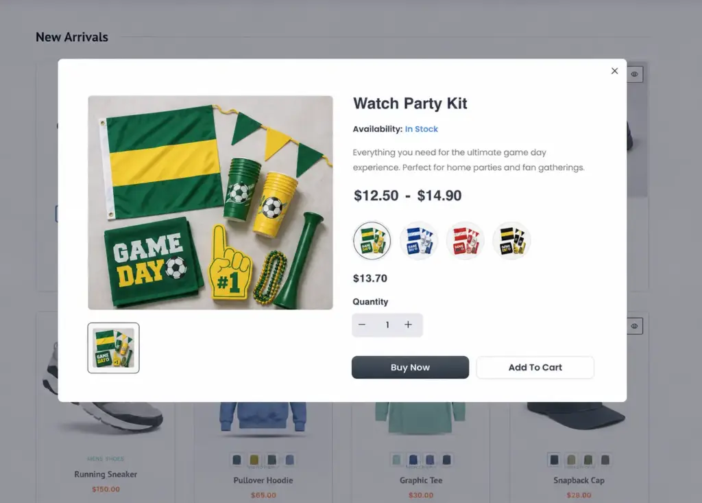 Watch party kit product details, FluentCart example