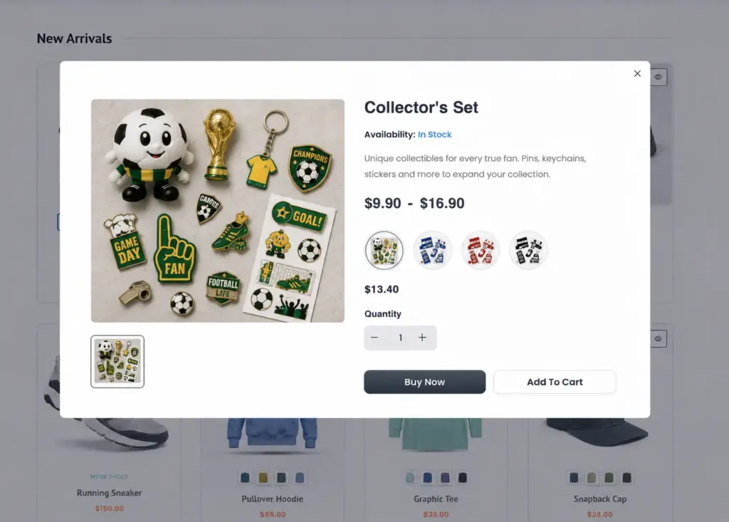 Soccer collectibles set in detail, FluentCart instant checkout example