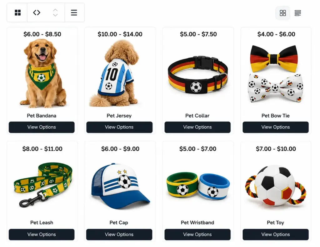 Pet accessories product gallery, FluentCart storefront