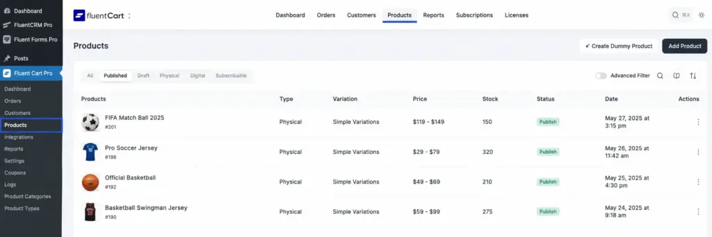 FluentCart Admin side, Products, dashboard, product view, Sports Store