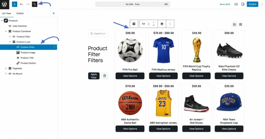 ecommerce product listing, interface overview