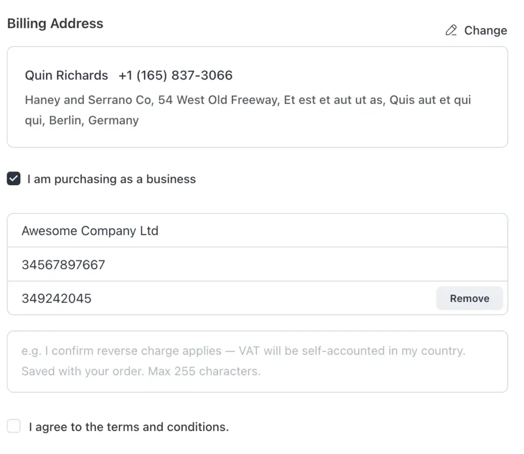 FluentCart EU B2B reverse charge checkout with strikethrough tax, VAT number field, reversed tax total, and B2B badge