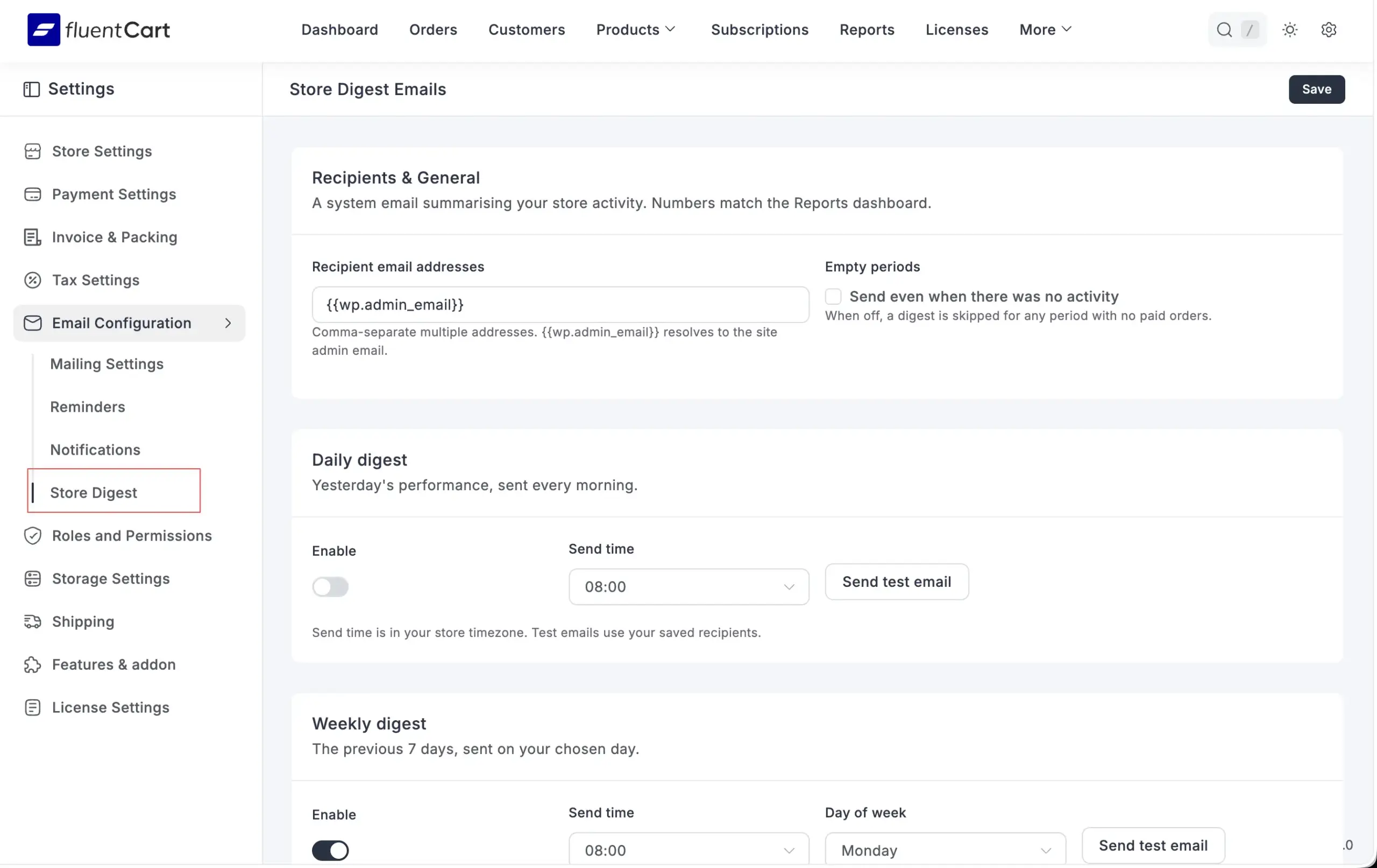 FluentCart Store Digest email settings showing daily, weekly, and monthly frequency options with recipient configuration